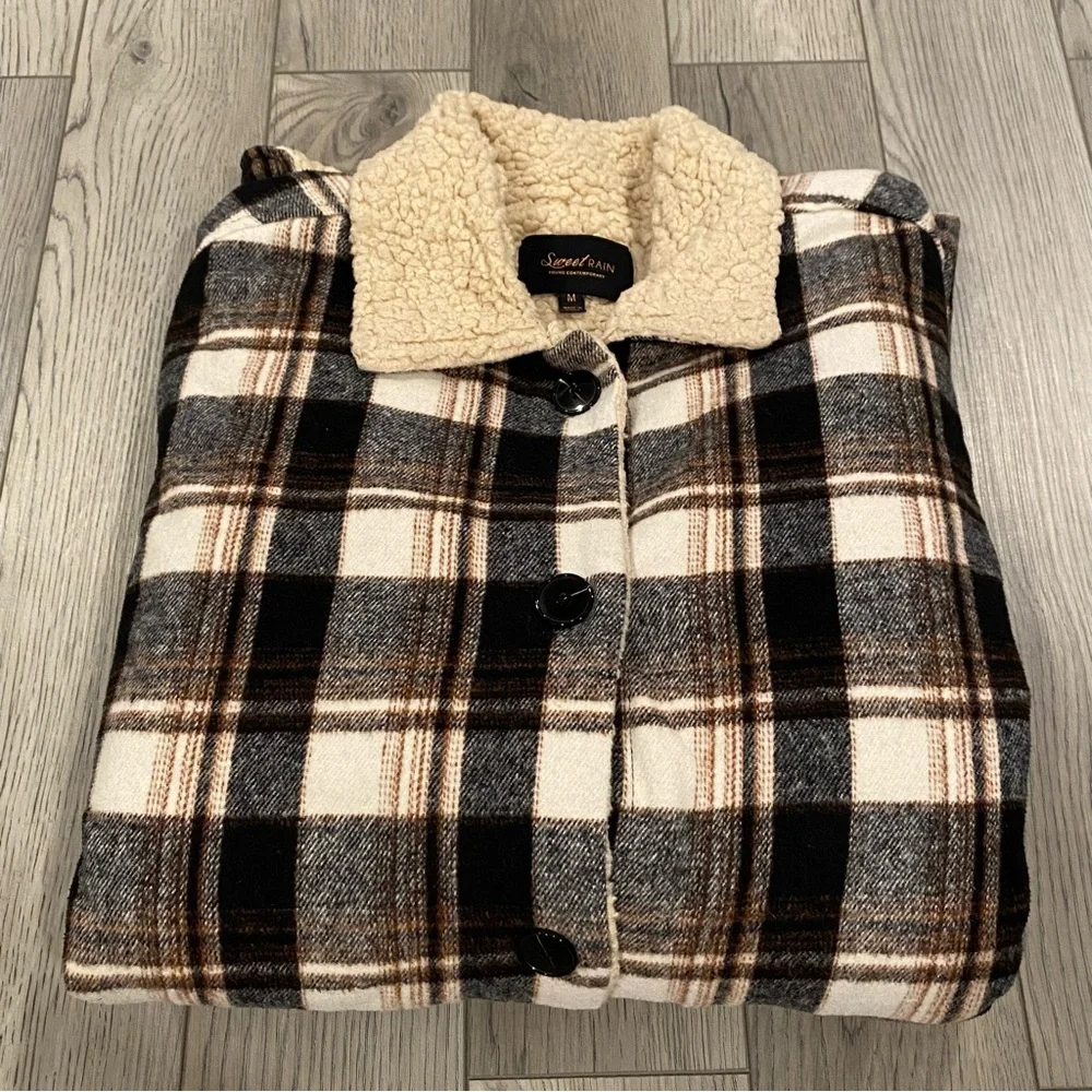 Sweet Rain Long Fleece Lined Jacket Shacket Coat Women’s M Plaid Button Pockets - Picture 13 of 13